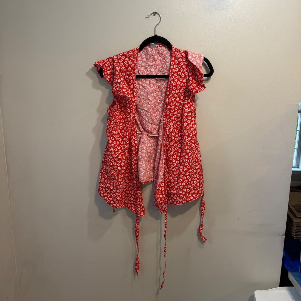 Old Navy Womens‎ Red Floral Daisy Wrap Top Cotton Linen Blend Flutter Sleeve M